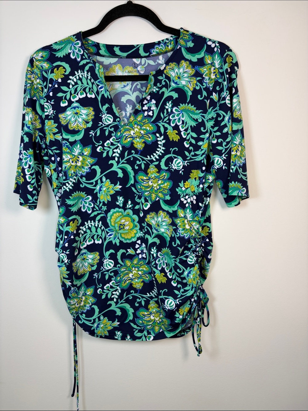 Women’s Lands End Sun Shirt Rash Guard UPF Navy Floral V-Neck Side Tie - S